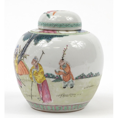 214 - Large Chinese porcelain ginger jar with cover hand painted in the famille rose palette with figures ... 