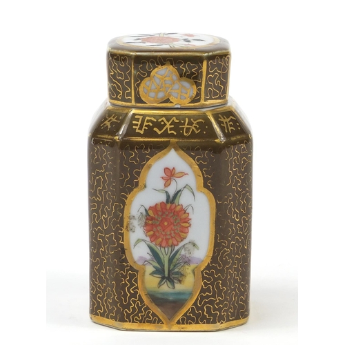 347 - Continental porcelain tea caddy hand painted with panels of flowers, 11.5cm high