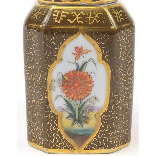 347 - Continental porcelain tea caddy hand painted with panels of flowers, 11.5cm high