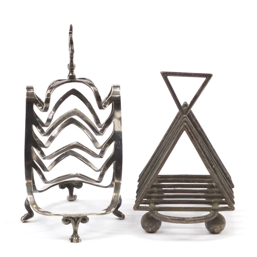 97 - Two silver plated toast racks including on in the manner of Christopher Dresser, the largest 18cm wi... 