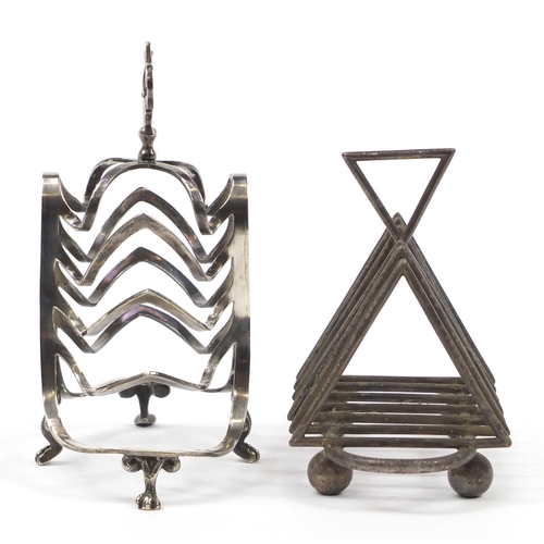 97 - Two silver plated toast racks including on in the manner of Christopher Dresser, the largest 18cm wi... 