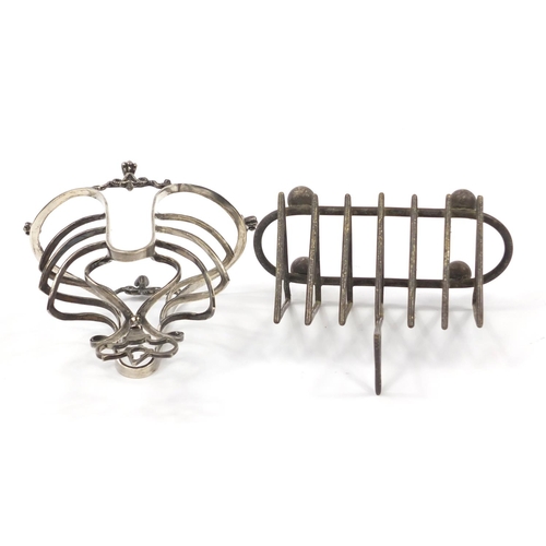 97 - Two silver plated toast racks including on in the manner of Christopher Dresser, the largest 18cm wi... 