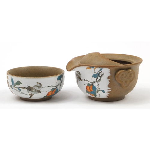 1986 - Chinese Yixing terracotta tea bowl spout and one other decorated with birds, the largest 11.5cm wide