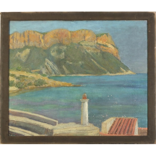 203 - Forrest Hewit - From My bedroom window, coastal landscape, oil on canvas, label verso, framed, 60cm ... 