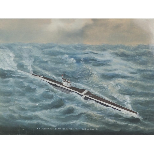 778 - HM Submarine 'L5' from the air, 1918, oil on board, framed, 42cm x 56cm excluding the frame