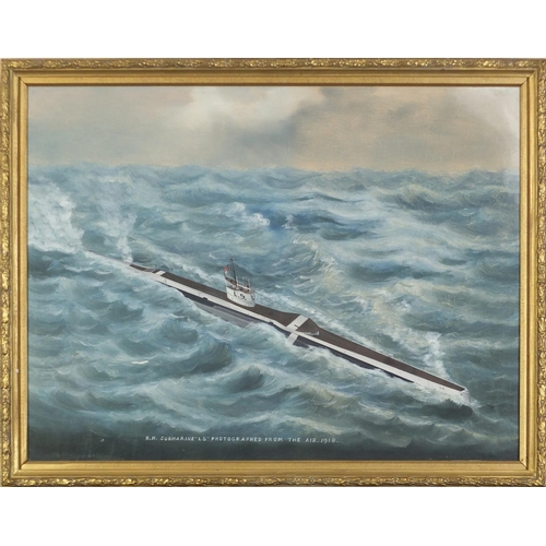 778 - HM Submarine 'L5' from the air, 1918, oil on board, framed, 42cm x 56cm excluding the frame