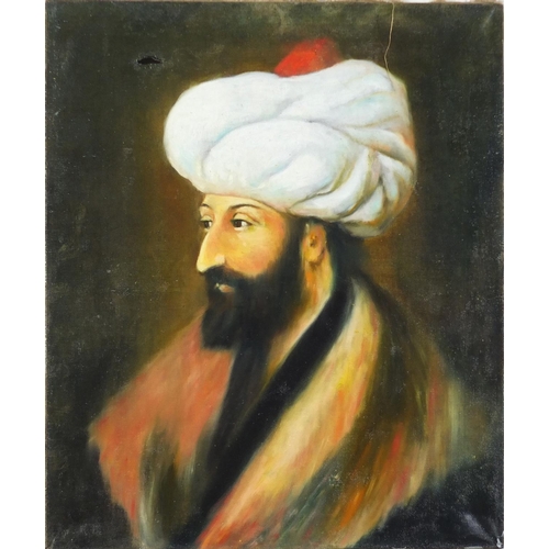 161 - Portrait of Fatih Sultan Mehmet, Turkish oil on canvas, unframed, 55cm x 46cm