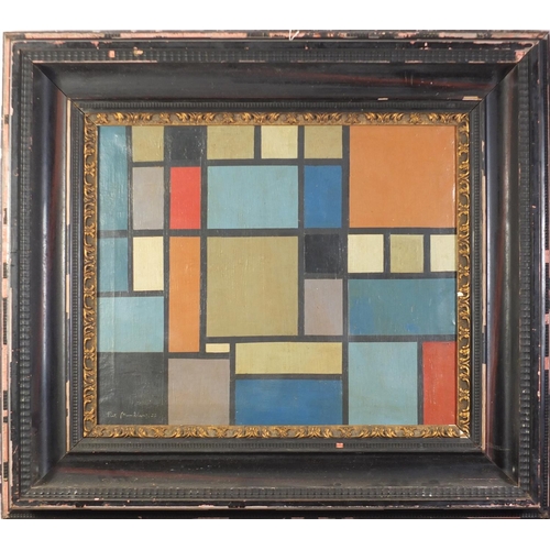 352 - After Piet Mondrian - Abstract composition, geometric shapes, oil on canvas, details verso, mounted ... 