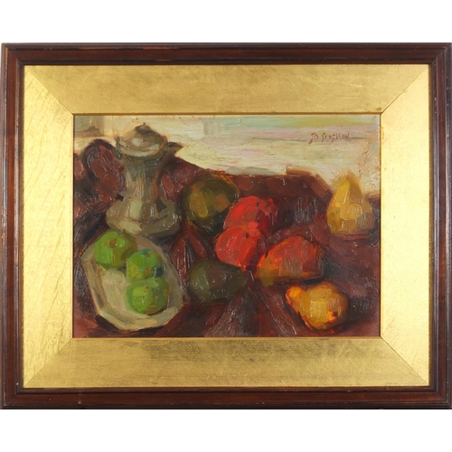 160 - Still life, fruit with vessels, oil on board, mounted and framed, 47.5cm x 34cm excluding the mount ... 