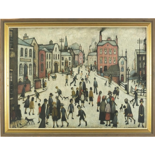 775 - After Laurence Stephen Lowry - Industrial street scene, print in colour, framed and glazed, 58.5cm x... 