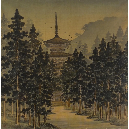 780 - Japanese textile depicting a pagoda through trees with red seal marks, framed and glazed, 57.5cm x 5... 