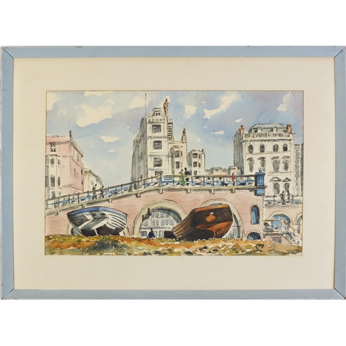 774 - Sydney Arrobus - Brighton Beach, ink and watercolour on paper, S. Arrobus paper label verso, mounted... 