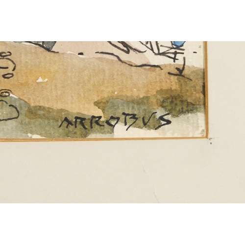 774 - Sydney Arrobus - Brighton Beach, ink and watercolour on paper, S. Arrobus paper label verso, mounted... 