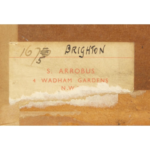 774 - Sydney Arrobus - Brighton Beach, ink and watercolour on paper, S. Arrobus paper label verso, mounted... 