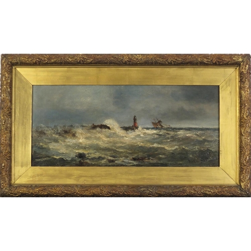 776 - Richard Short RCA - Ship on stormy seas with lighthouse jetty, 19th century oil on canvas, mounted a... 