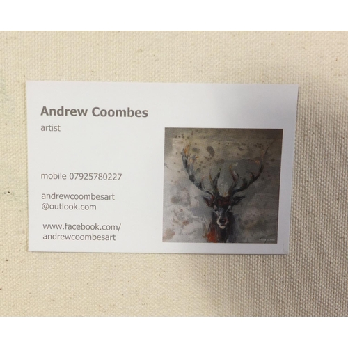 349 - Andrew Coombes - Stag head, oil on canvas, details verso, unframed, 101.5cm x 101.5cm