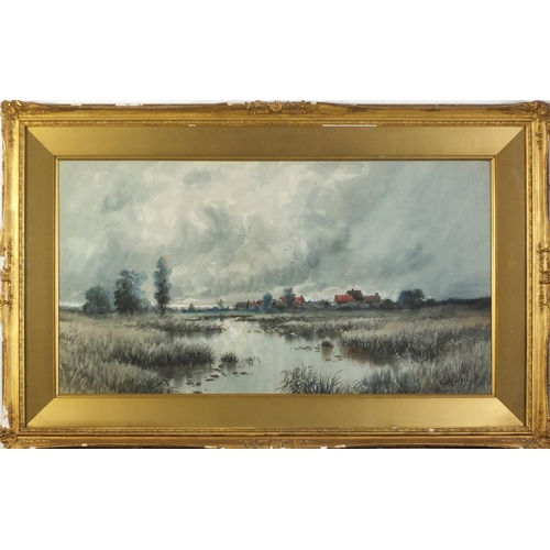 351 - Van Wedege - Dutch landscape with river before cottages, heightened watercolour, A Vokins & Sons lab... 