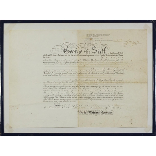 490 - George VI document signed in ink by George VI and H Clements, mounted and framed, 54cm x 39cm exclud... 