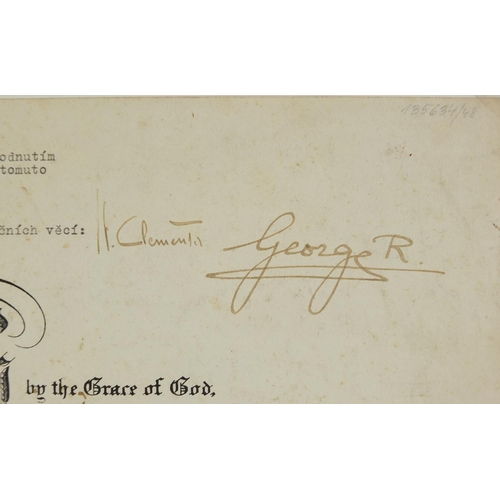 490 - George VI document signed in ink by George VI and H Clements, mounted and framed, 54cm x 39cm exclud... 