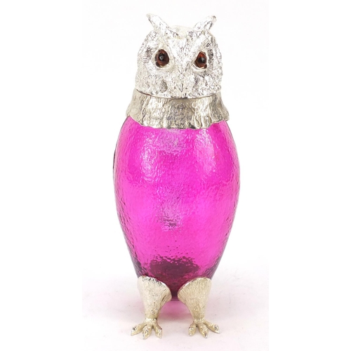 175 - Novelty owl design jug with silver plated mounts and cranberry glass body, 28.5cm high