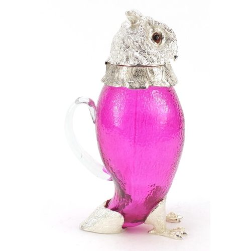 175 - Novelty owl design jug with silver plated mounts and cranberry glass body, 28.5cm high