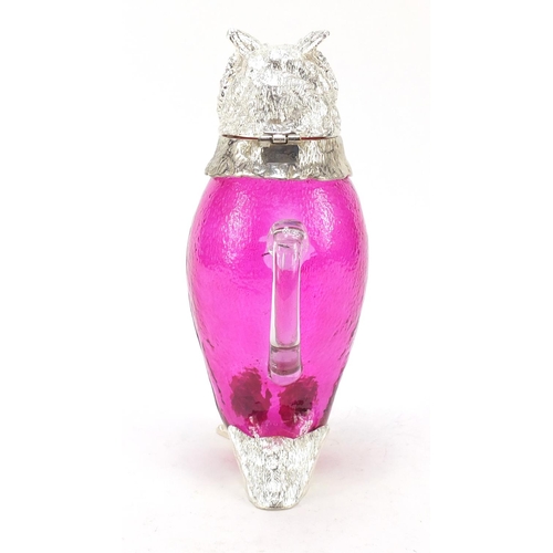 175 - Novelty owl design jug with silver plated mounts and cranberry glass body, 28.5cm high