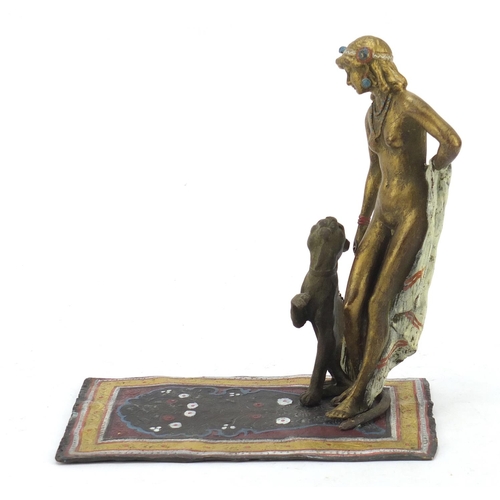 150 - Cold painted bronze of a nude female with dog on carpet in the style of Franz Xaver Bergmann, 17cm h... 