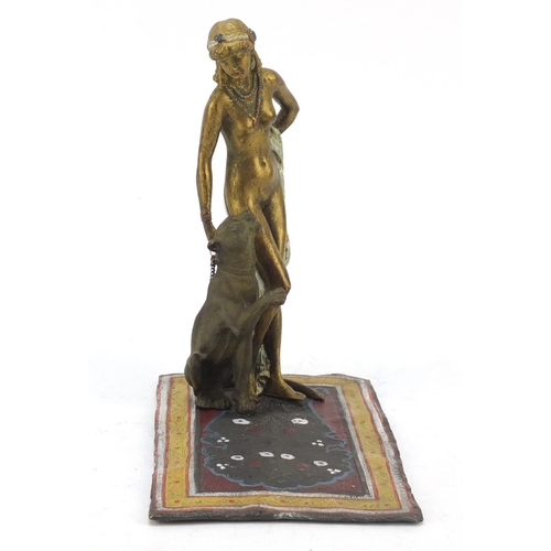 150 - Cold painted bronze of a nude female with dog on carpet in the style of Franz Xaver Bergmann, 17cm h... 