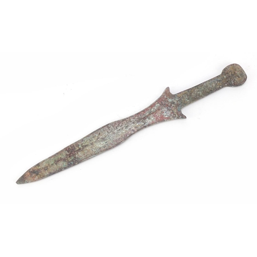 240 - Islamic patinated bronze short sword, 38cm in length