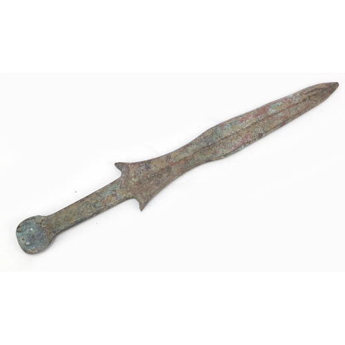 240 - Islamic patinated bronze short sword, 38cm in length