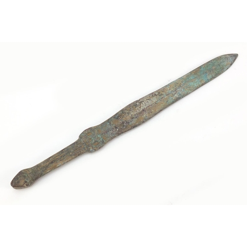 621 - Islamic patinated bronze short sword, 39cm in length