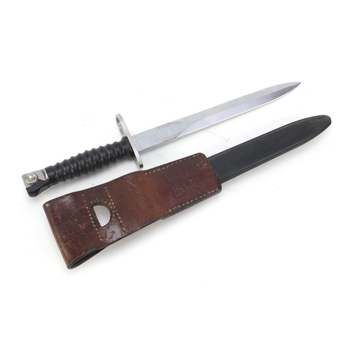 691 - German military interest bayonet with scabbard and leather frog, 38cm in length