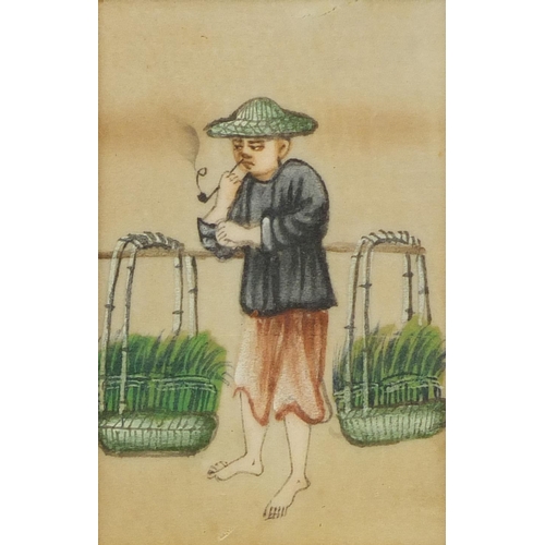 121 - Five Chinese rice pith paper paintings of workers, mounted, framed and glazed as one, each 10cm x 6c... 