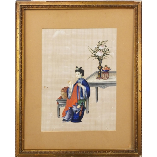 590 - Chinese pith paper painting of a seated female with lucky objects, mounted, framed and glazed, 23cm ... 