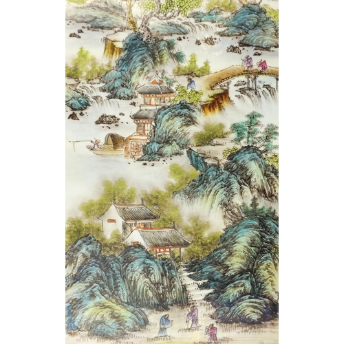 571 - Pair of Chinese porcelain panels housed in hardwood frames, each hand painted in the famille rose pa... 