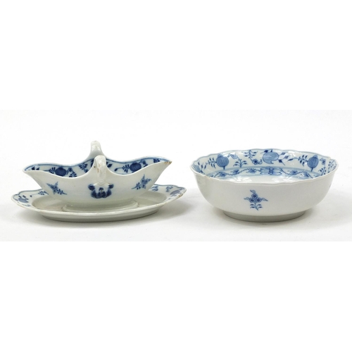 739 - 19th century Blue Onion pattern china by Meissen and Hutschenreuther including a bowl and a sauce bo... 