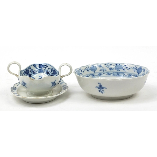 739 - 19th century Blue Onion pattern china by Meissen and Hutschenreuther including a bowl and a sauce bo... 