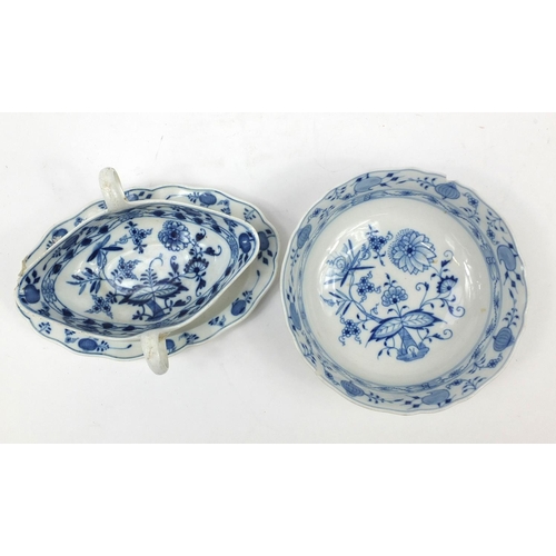 739 - 19th century Blue Onion pattern china by Meissen and Hutschenreuther including a bowl and a sauce bo... 