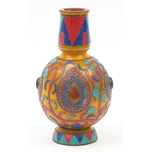 618 - Middle Eastern butterscotch amber coloured vase with micro mosaic floral inlay, inset with cabochons... 