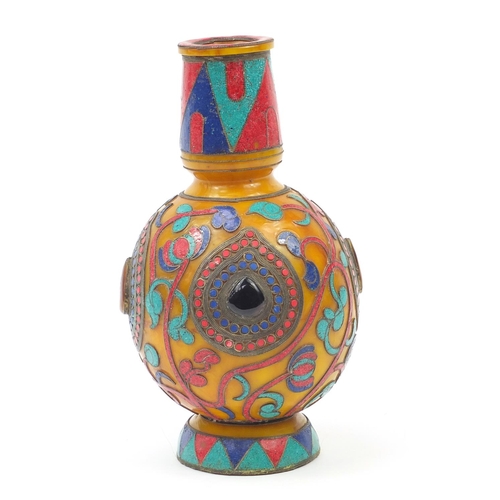 618 - Middle Eastern butterscotch amber coloured vase with micro mosaic floral inlay, inset with cabochons... 