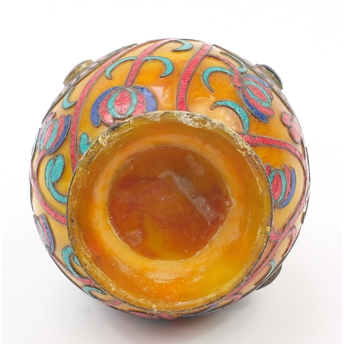 618 - Middle Eastern butterscotch amber coloured vase with micro mosaic floral inlay, inset with cabochons... 