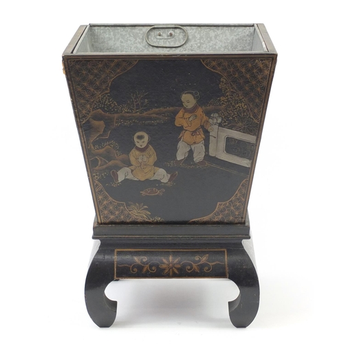 575 - Chinese black lacquered planter with liner on stand, hand painted with children playing, 43.5cm H x ... 