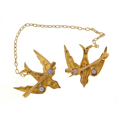 40 - 9ct gold swallow design brooch set with seed pearls and sapphires, 10.5cm in length, 2.2g