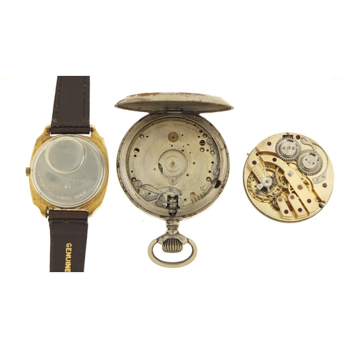 643 - Hebdomas pocket watch, Perry & Co pocket watch movement and a vintage wristwatch