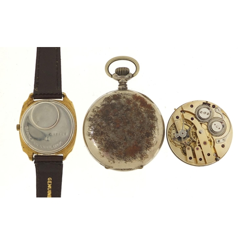 643 - Hebdomas pocket watch, Perry & Co pocket watch movement and a vintage wristwatch