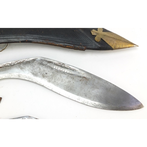 696 - Gurkha's Kukri knife with enamelled handles in leather sheath, 41cm in length