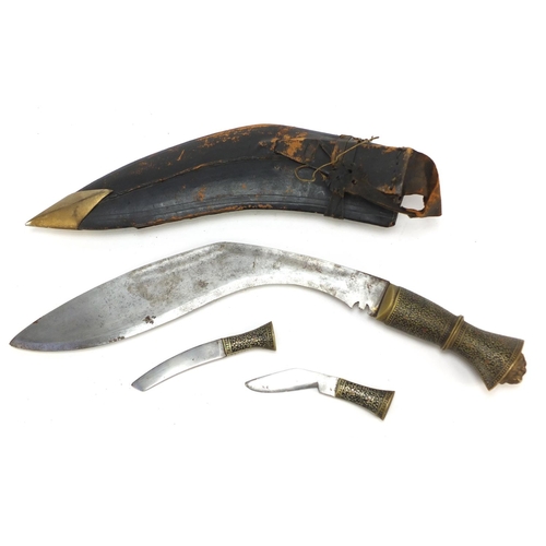 696 - Gurkha's Kukri knife with enamelled handles in leather sheath, 41cm in length