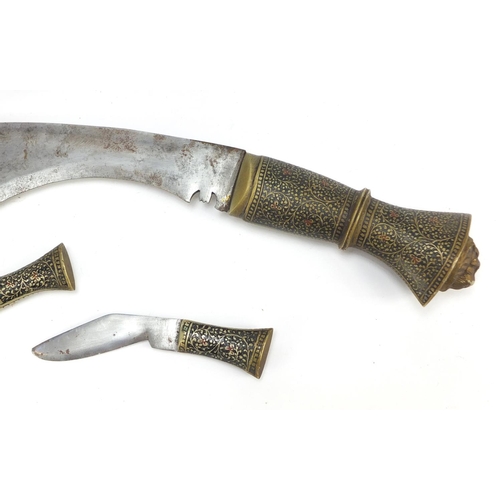 696 - Gurkha's Kukri knife with enamelled handles in leather sheath, 41cm in length