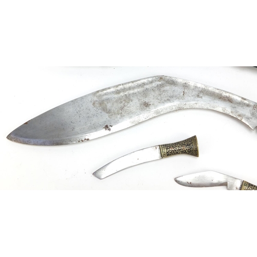 696 - Gurkha's Kukri knife with enamelled handles in leather sheath, 41cm in length