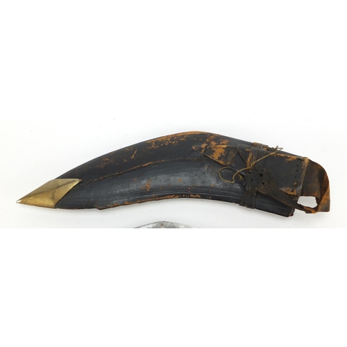 696 - Gurkha's Kukri knife with enamelled handles in leather sheath, 41cm in length